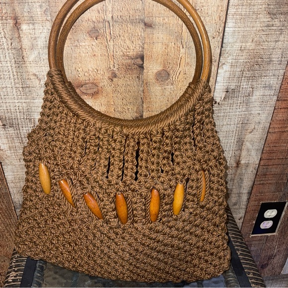 Vintage Crochet Macrame Purse Hand Bagsquare Lucite Handles GrannyCore Brown - Picture 2 of 4